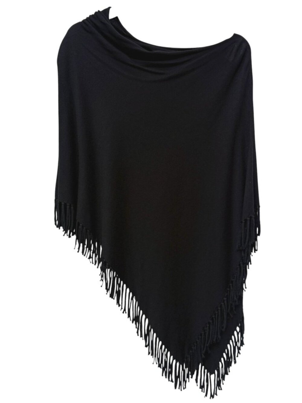 CHICOS Womens Fringe Poncho Shawl One Size Black Asymmetrical Knit Sweater Wrap